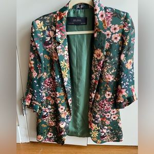 Zara green floral satin blazer